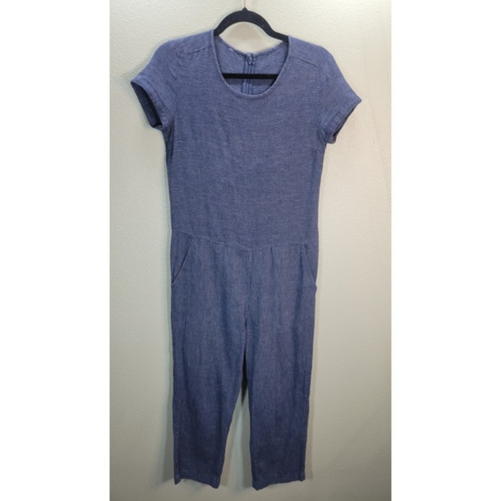 Bridge & Burn Linen Blend Jumpsuit Blue Short Sleeve‎ Cropped Portland Brand